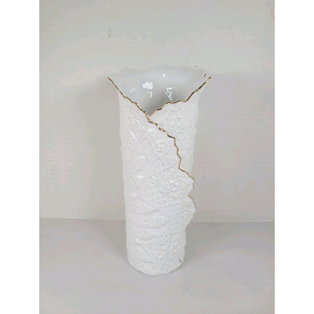 Vintage Mid Century Ruffled Porcelain Flower Vase Floral & House by Joy